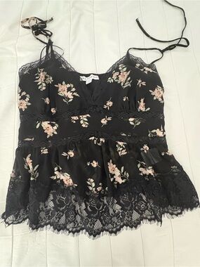 Women's Black Floral Lace Trim Camisole Tank Top